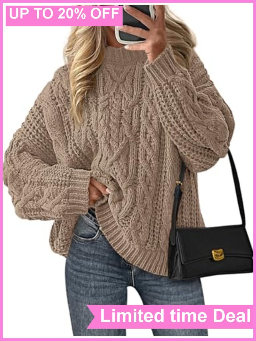 Womens Oversized Chunky Cable Knit Pullover Sweater Crew Neck